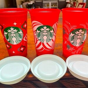 Starbucks Holiday/Christmas Red Plastic 16oz Travel Tumblers w/ Lid x3